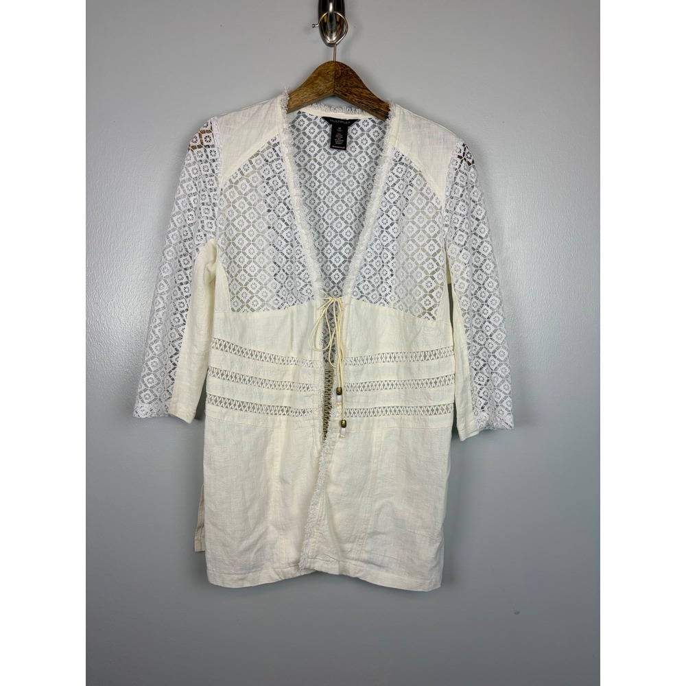 Multiples‎ Medium Linen Cotton Lace Boho Tie Front Cardigan White Beach Resort